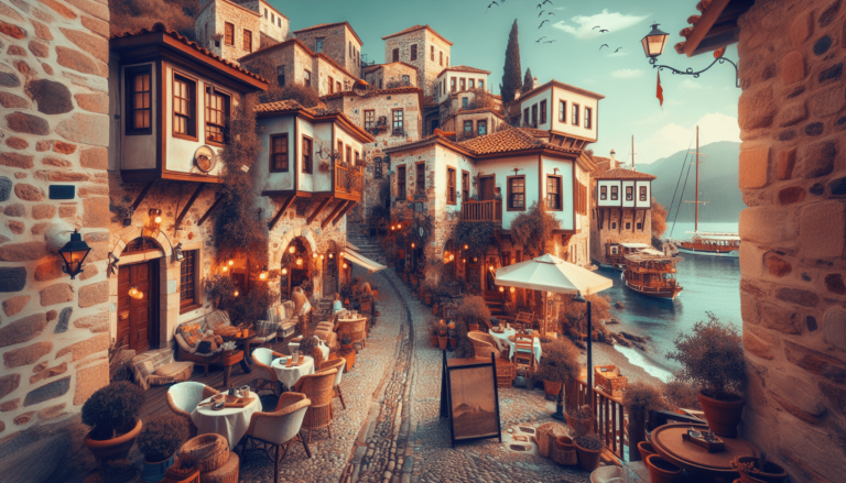 Charming cobblestone street with outdoor cafes, stone buildings, and warm lanterns leading to a Mediterranean harbor