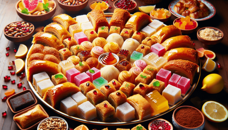 Large platter of assorted Middle Eastern sweets including baklava, Turkish delight, and pastries with nuts and fruits