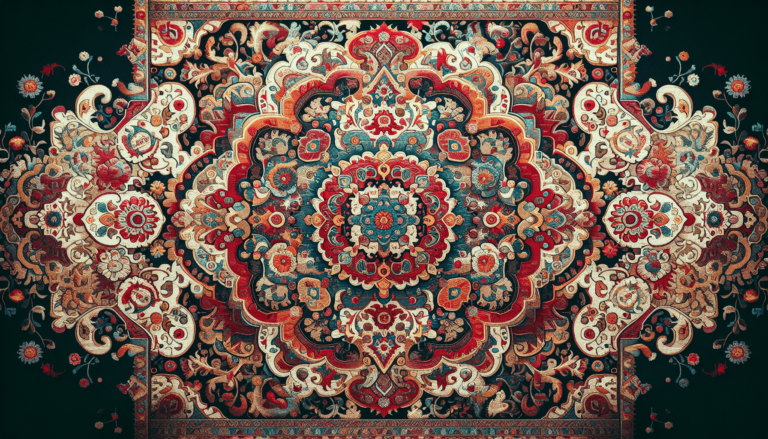 Ornate Persian rug with intricate floral medallion pattern in red, teal, cream, and orange on a dark background.