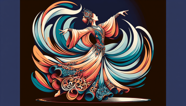Stylized illustration of a dancer in ornate costume with flowing fabric swirling in teal, orange, and white waves