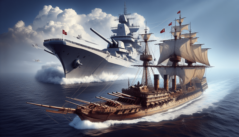 Digital artwork of a modern Turkish warship alongside a historical Ottoman sailing vessel at sea under cloudy skies