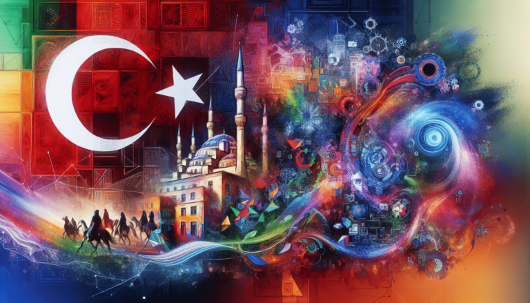 Colorful digital art blending Turkish flag, mosque with minarets, camel riders, and abstract swirling technological elements