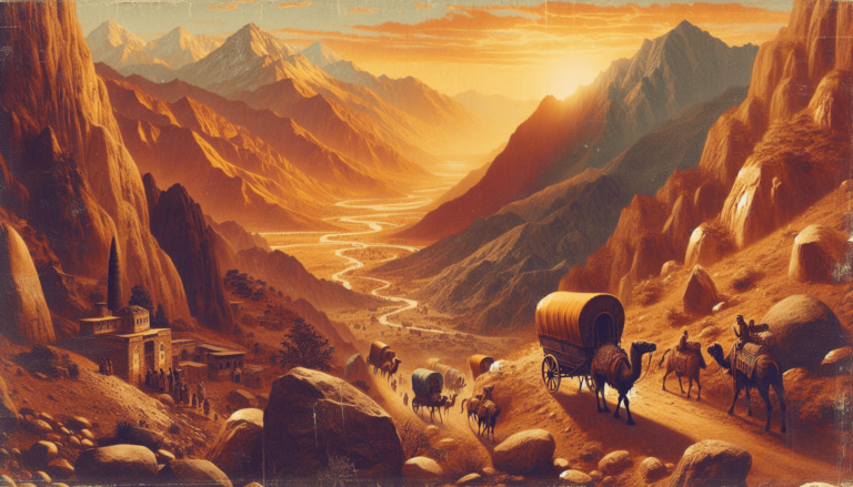 Caravan with covered wagon, camels, and livestock traveling through a golden mountain valley at sunset near a small village