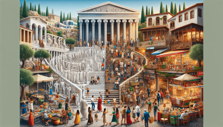 Illustration blending ancient Greek architecture and marble statues with a modern bustling Mediterranean marketplace and t...