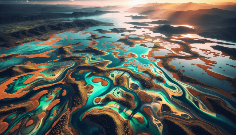 Aerial view of turquoise waterways winding through orange and brown wetlands with mountains at sunset
