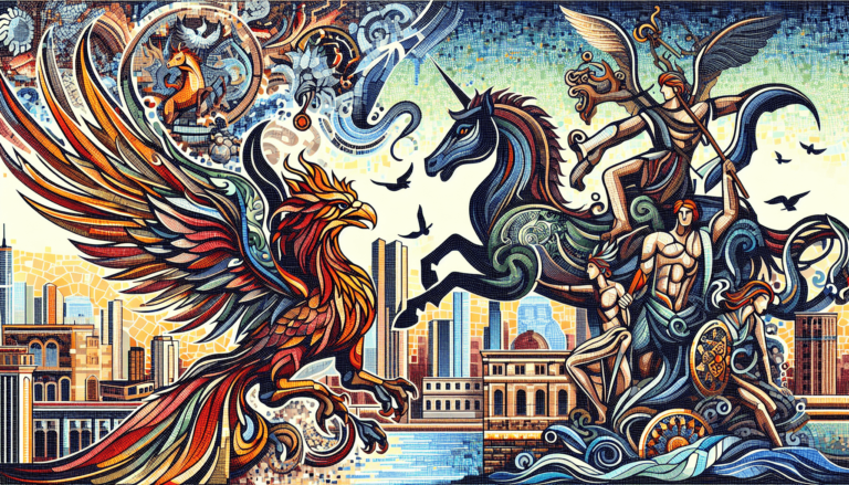 Mosaic-style artwork of a phoenix battling a dark unicorn ridden by a warrior, set against a cityscape backdrop.