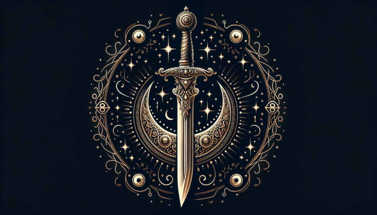 Ornate golden dagger with crescent crossguard surrounded by mystical symbols, stars, and eyes on dark background