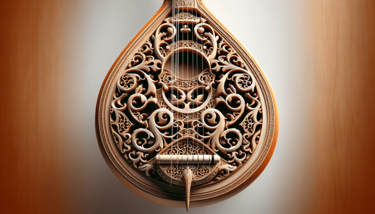 Ornate wooden oud with intricate carved arabesque scrollwork on its face, strings, and teardrop-shaped body