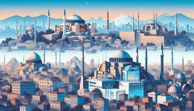 Illustrated Istanbul skyline featuring Hagia Sophia, Blue Mosque, minarets, domes, and waterfront with ferries