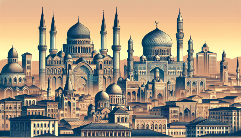 Illustrated cityscape with Islamic architecture featuring domes, minarets, and ornate arched buildings at sunset.