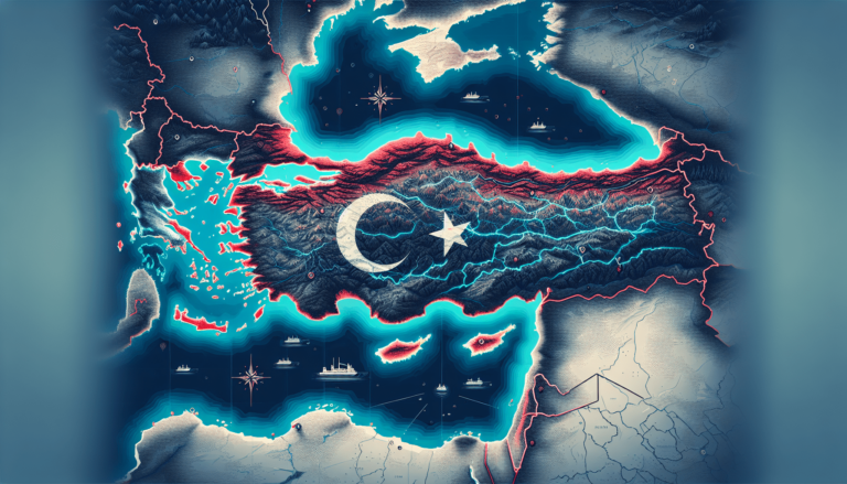 Stylized map of Turkey with crescent and star flag overlay, surrounded by seas, neighboring countries, and ship icons.