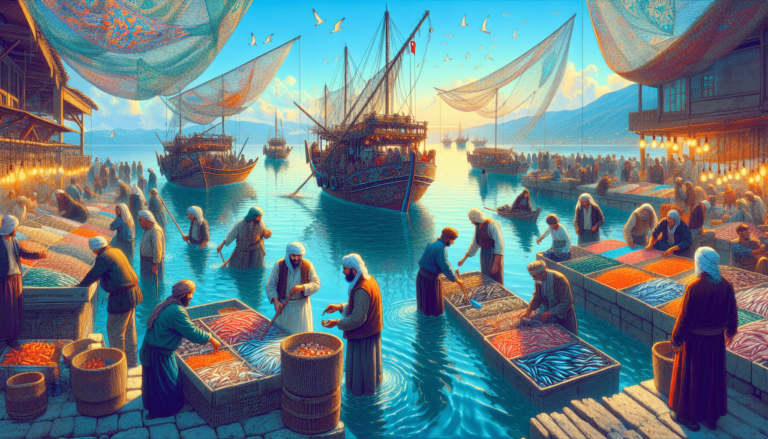 Bustling harbor fish market with merchants, colorful seafood displays, ornate boats, hanging nets, and seagulls overhead