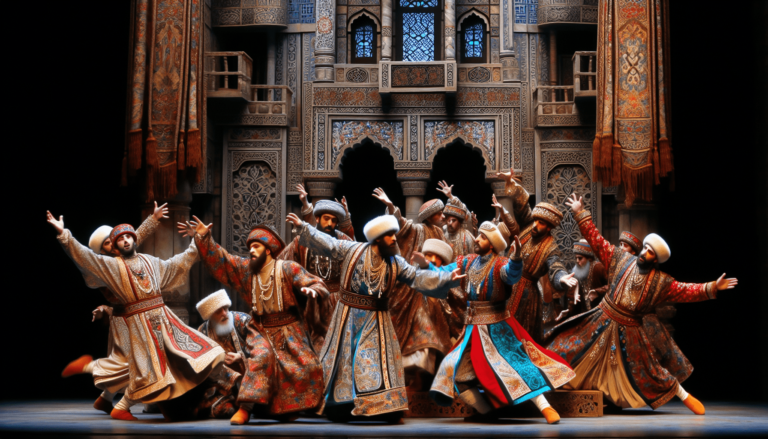 Group of dancers in ornate Central Asian traditional costumes performing on stage with elaborate Islamic architectural bac...