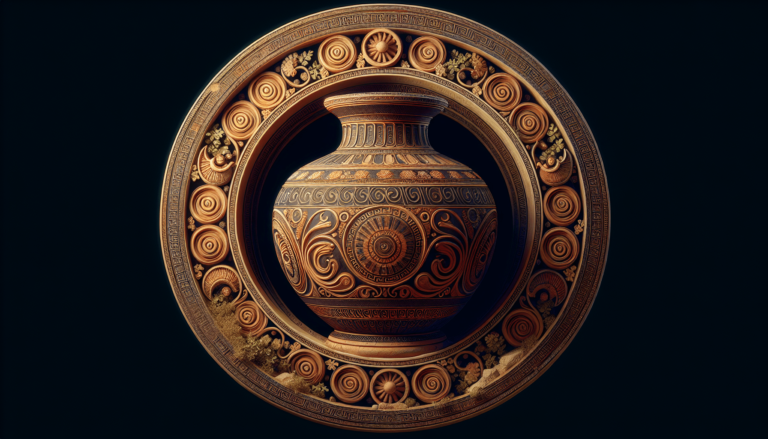 Ornate ceramic vase with spiral and geometric patterns set inside a decorative circular frame against a dark background