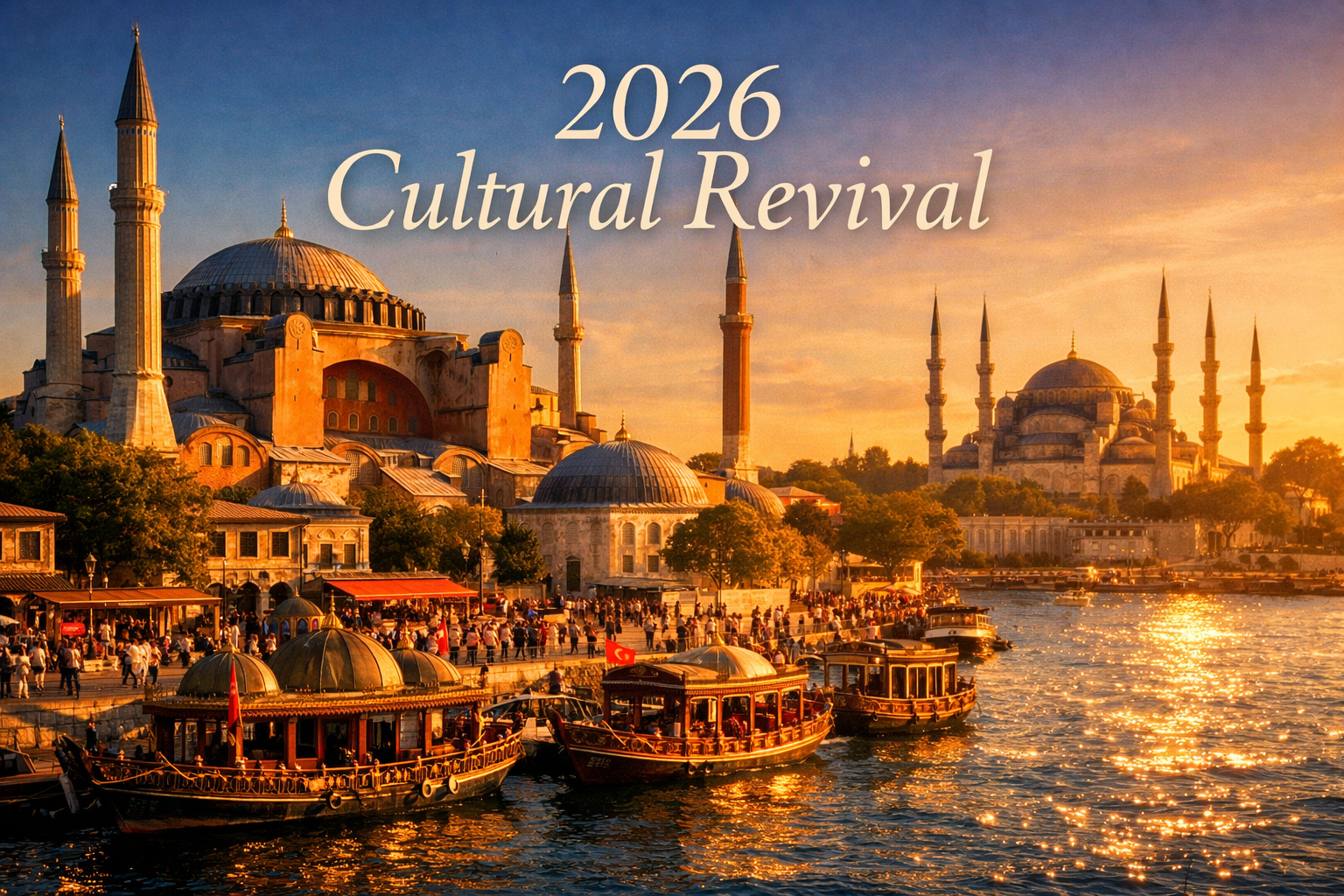 Landscape format (1536x1024) editorial image showing Istanbul's historic peninsula with Hagia Sophia's towering dome and minarets in golden 