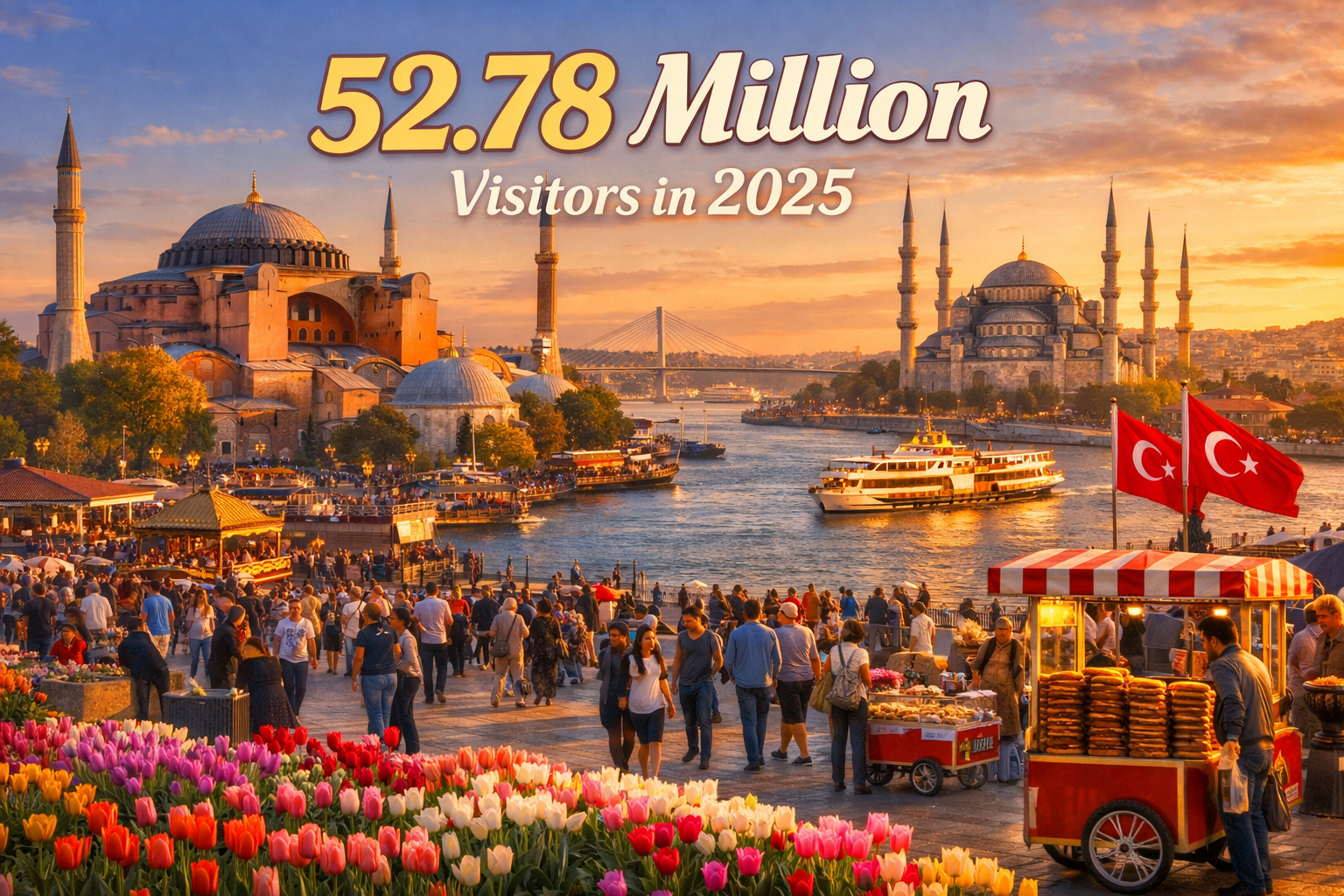 Landscape format (1536x1024) detailed image showing Istanbul's iconic skyline at golden hour with Hagia Sophia and Blue Mosque domes promine