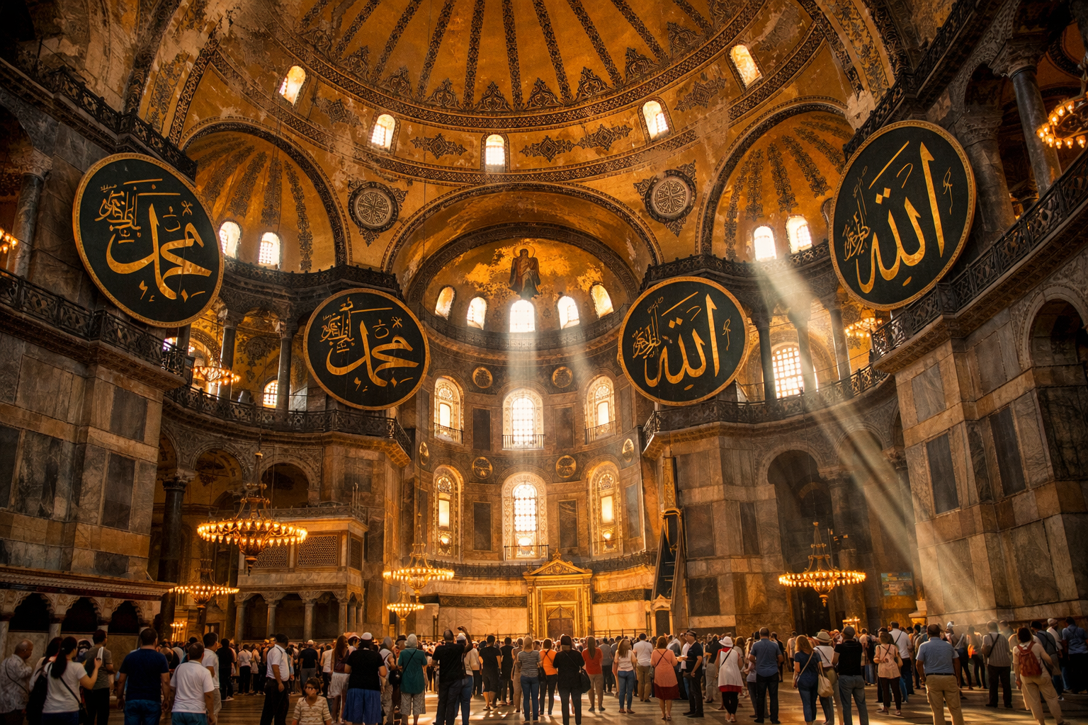 Landscape format (1536x1024) editorial photograph showing Hagia Sophia's magnificent interior with soaring Byzantine dome, golden Islamic ca