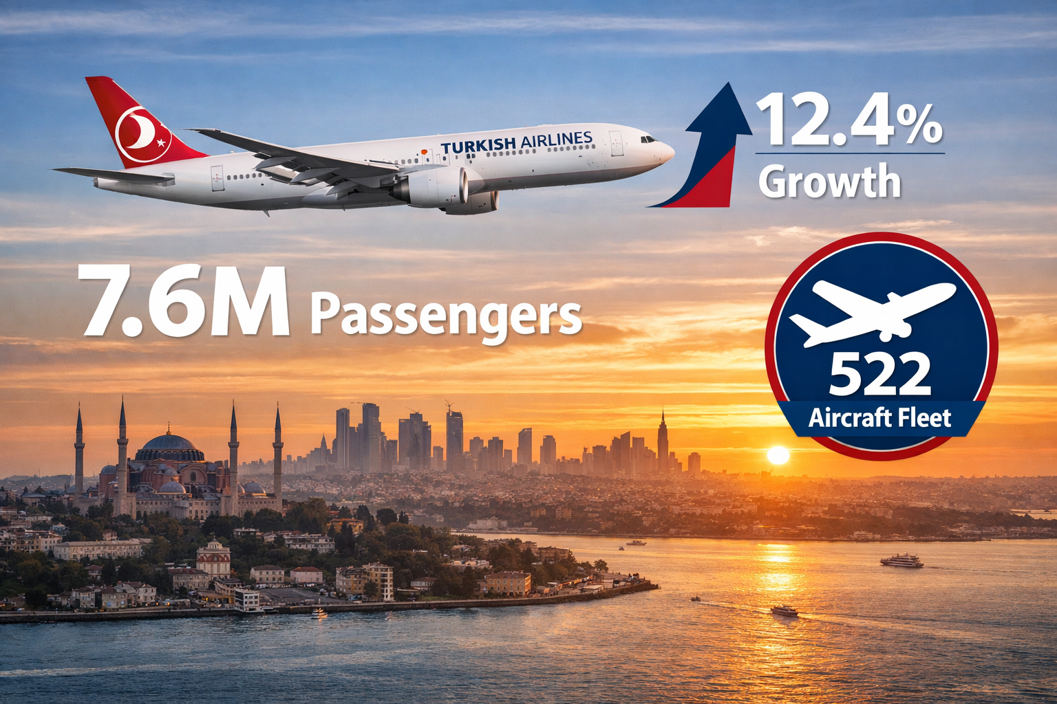 Detailed landscape format (1536x1024) editorial image showing a Turkish Airlines wide-body aircraft (white fuselage with red tail) flying ov