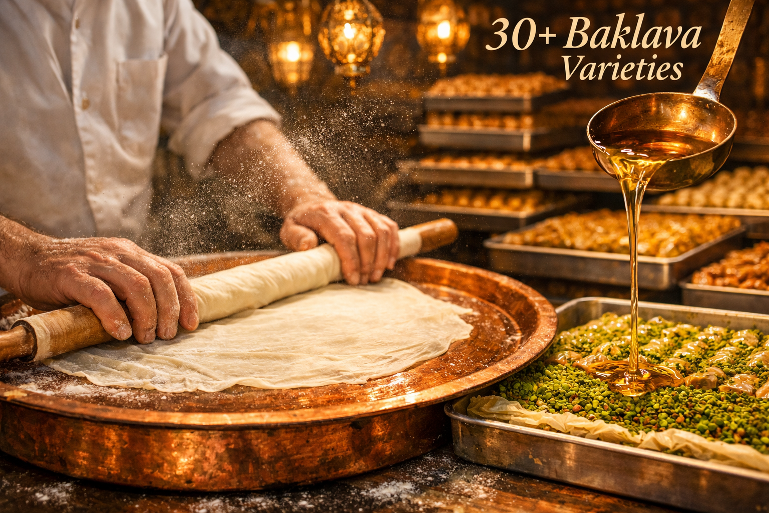 Detailed landscape format (1536x1024) editorial photograph of a traditional Gaziantep baklava workshop interior, showing an artisan baker ro
