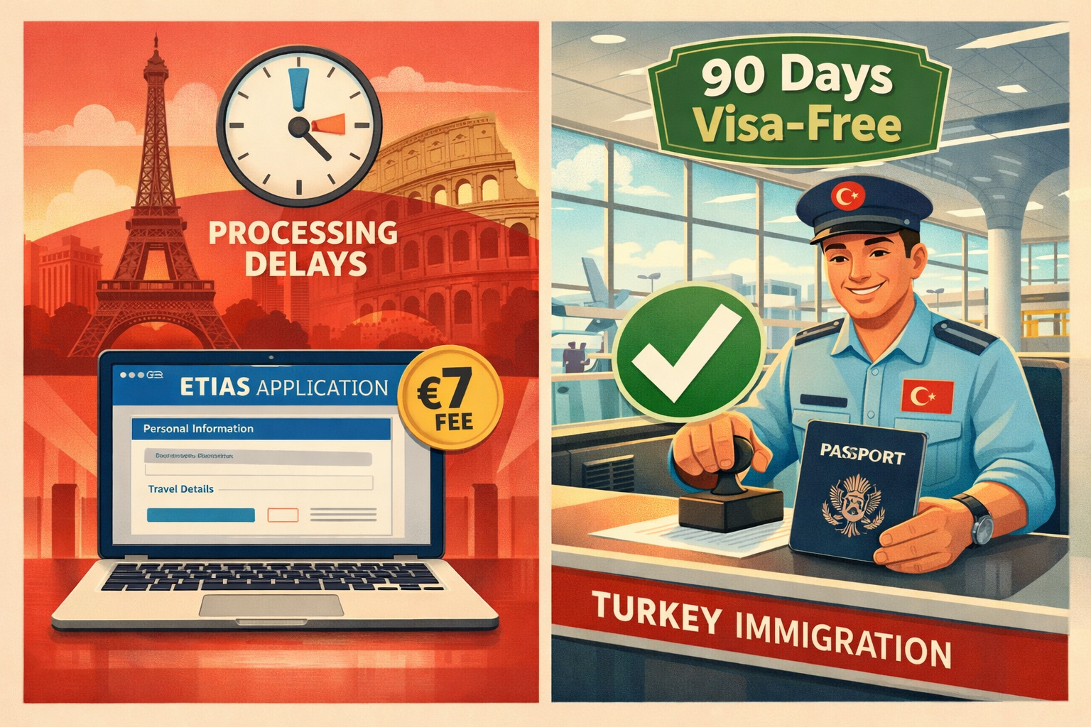Detailed landscape format (1536x1024) editorial illustration showing a side-by-side comparison concept: left panel shows a laptop screen dis