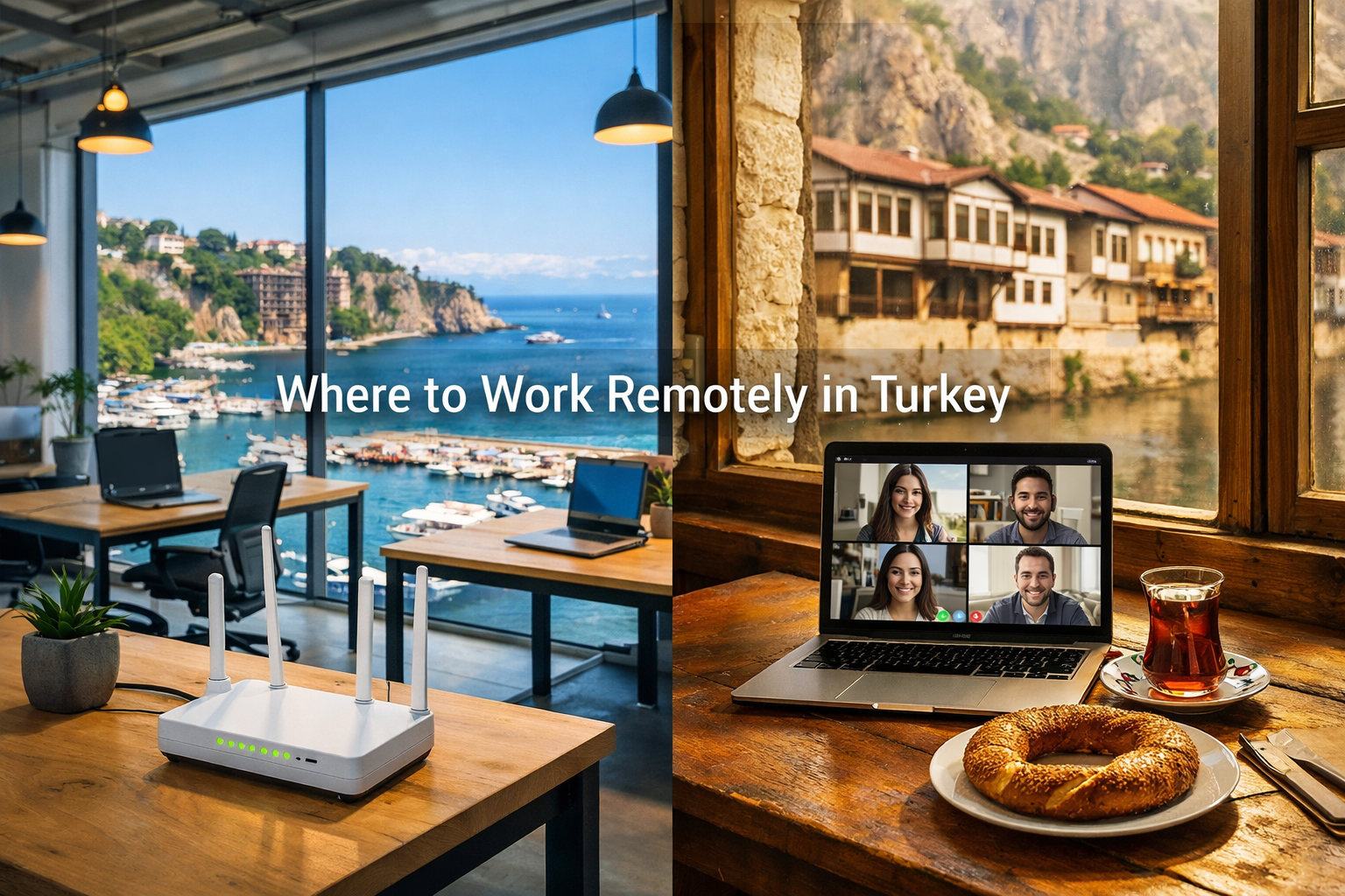 Detailed landscape format (1536x1024) editorial image showing a split-scene comparison: on the left, a modern coworking space interior in An