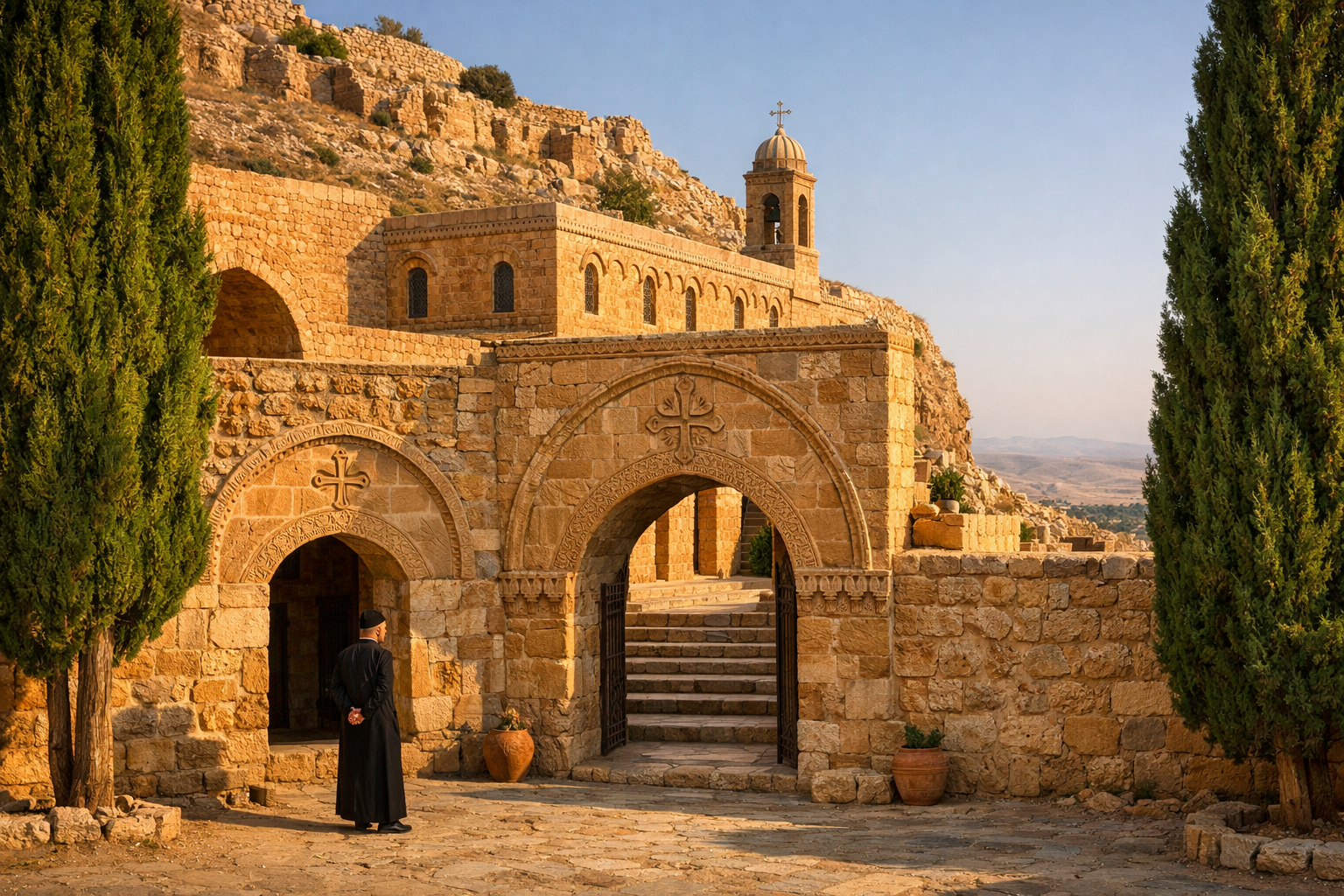 Detailed landscape format (1536x1024) editorial photograph of Deyrulzafaran Monastery exterior in warm afternoon light, showing ancient hone