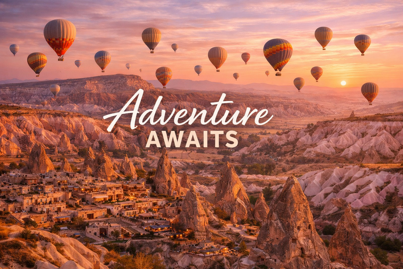 Landscape format (1536x1024) dramatic aerial photograph of Cappadocia's otherworldly landscape at dawn with dozens of colorful hot air ballo