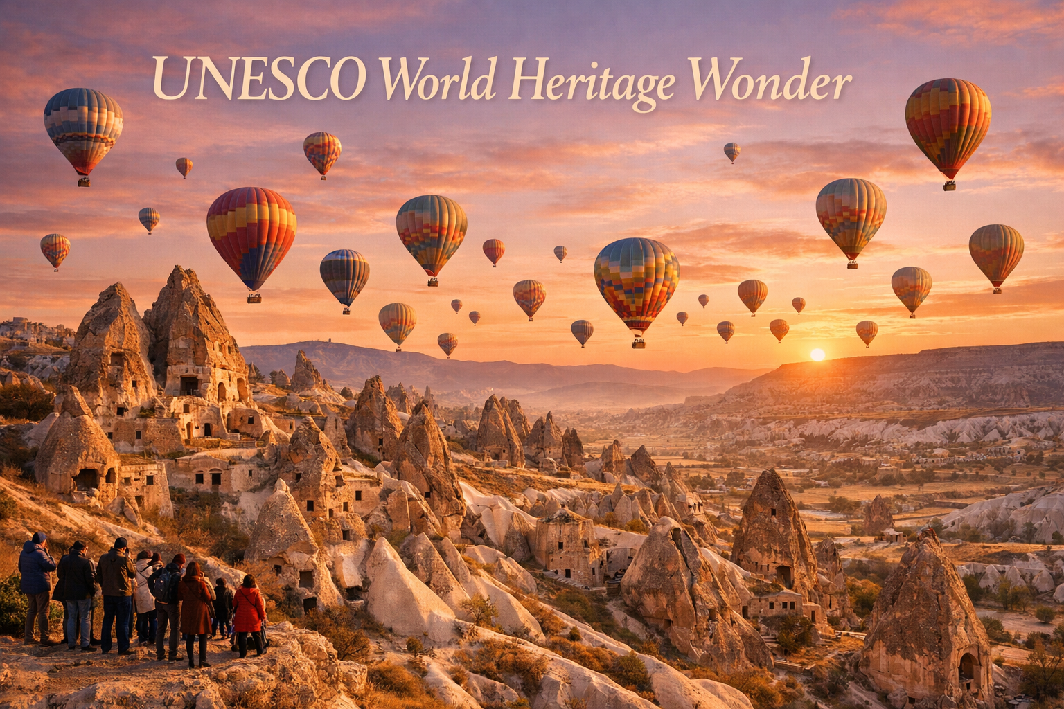 Landscape format (1536x1024) stunning panoramic view of Cappadocia's fairy chimney rock formations at sunrise with dozens of colorful hot ai