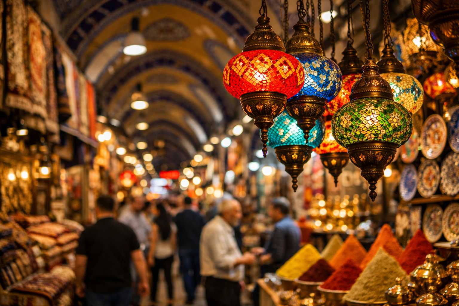 Landscape format (1536x1024) vibrant photograph of Grand Bazaar's bustling covered market interior, colorful Turkish lanterns hanging from v