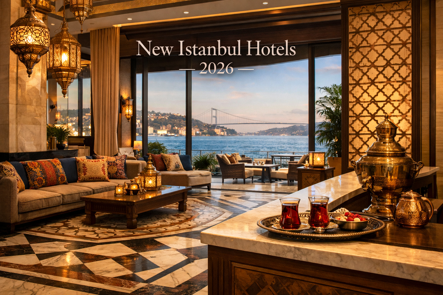 Detailed landscape format (1536x1024) editorial image depicting a luxurious modern hotel lobby interior in Istanbul with Ottoman-inspired ge