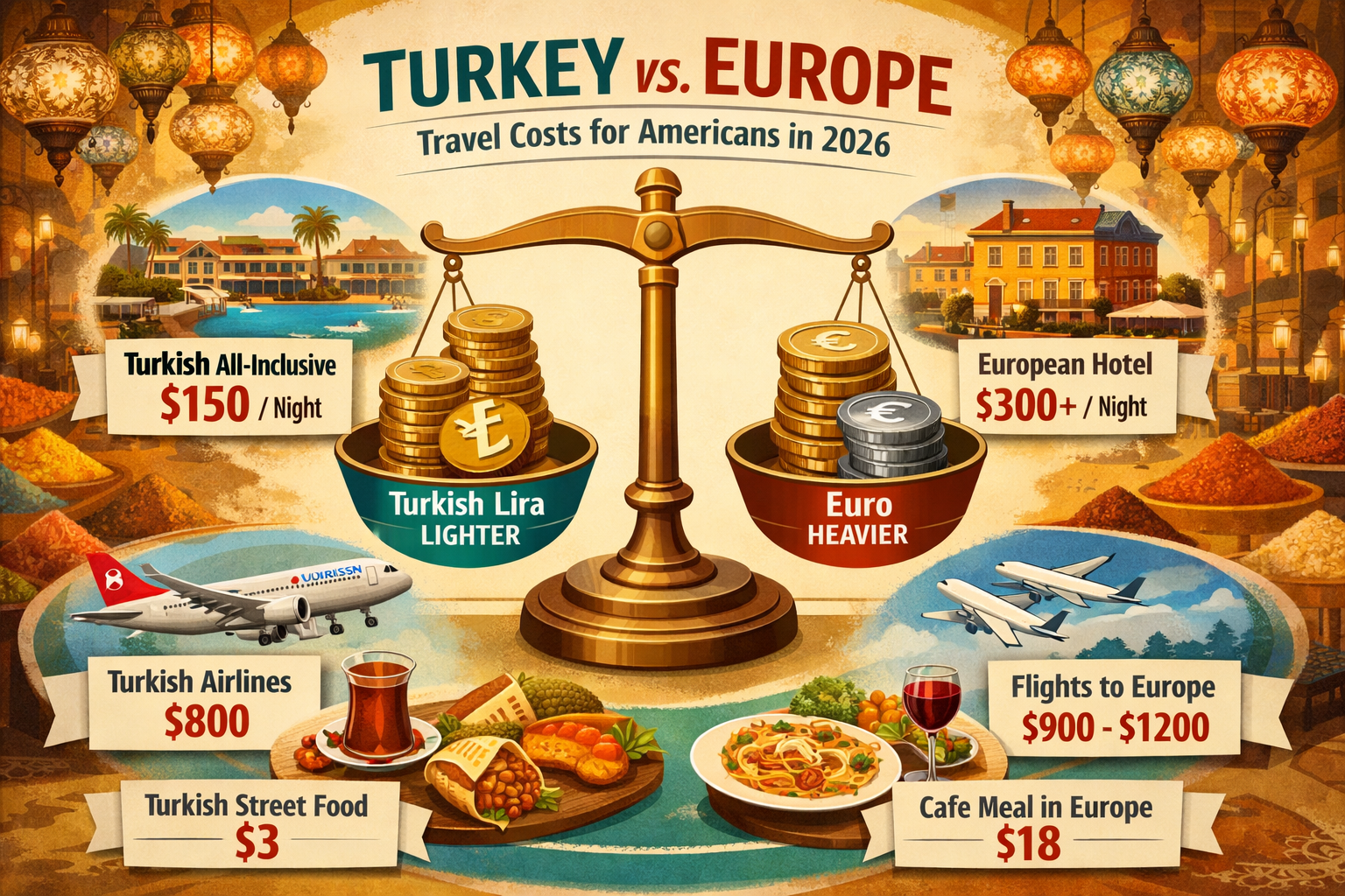 Detailed landscape format (1536x1024) editorial infographic-style image showing a cost comparison between Turkey and Europe for American tra