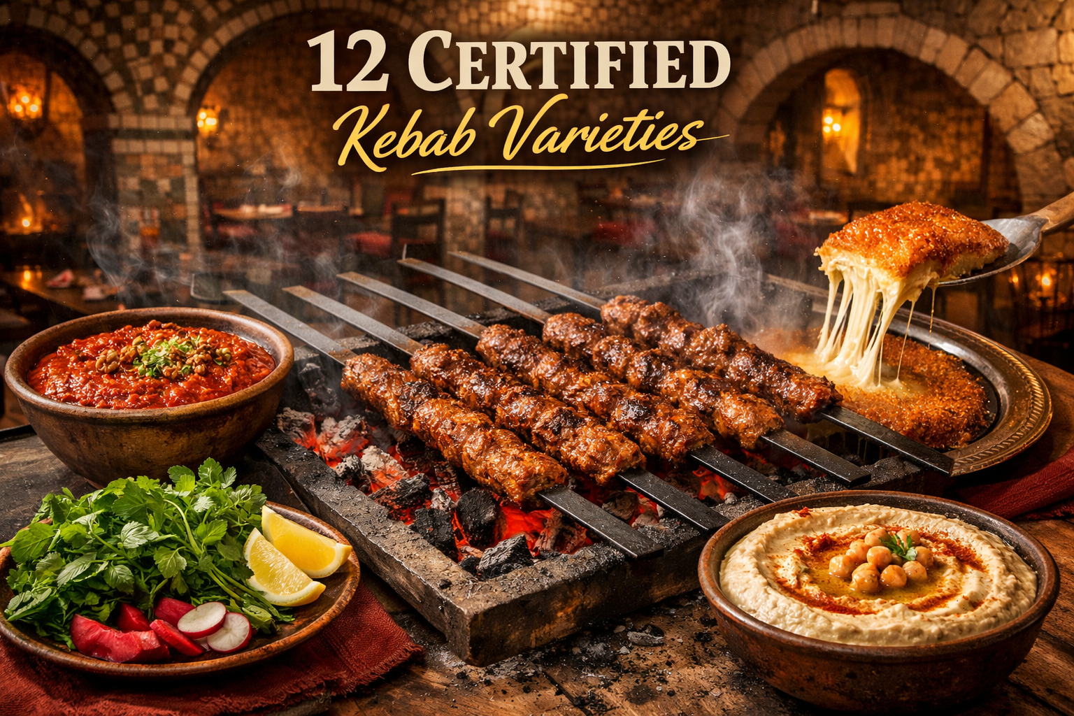 Detailed landscape format (1536x1024) editorial food photography of Hatay's iconic kebab scene showing a charcoal grill with skewered lamb k