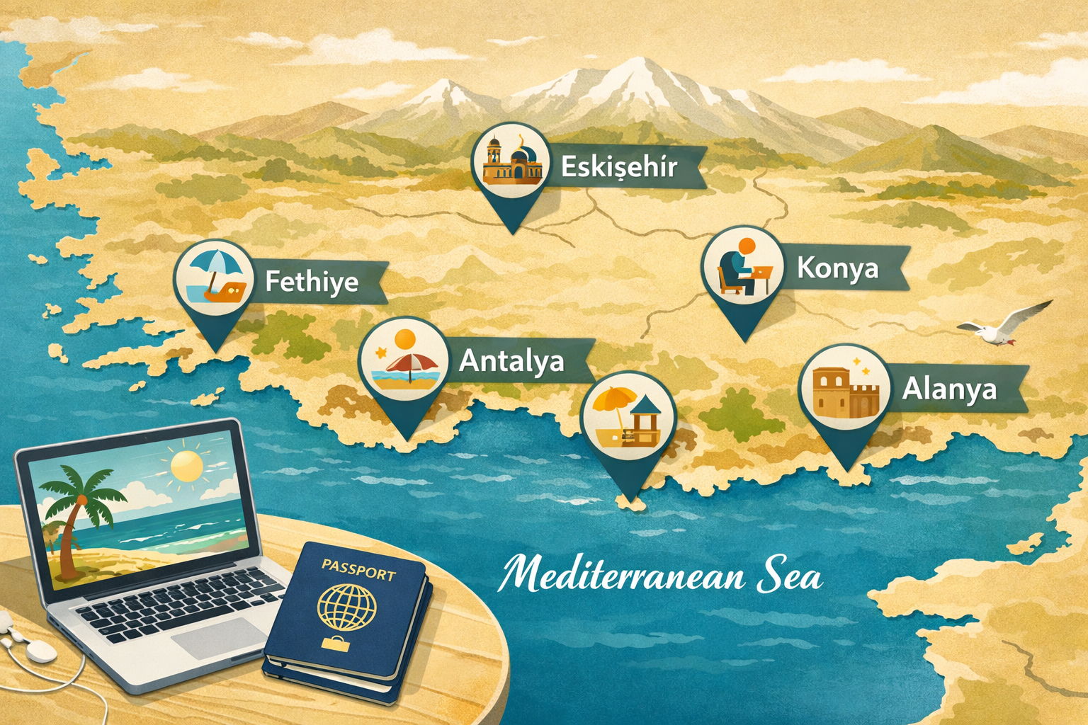 Detailed landscape format (1536x1024) editorial infographic-style image showing a stylized map of Turkey's Mediterranean and Anatolian coast