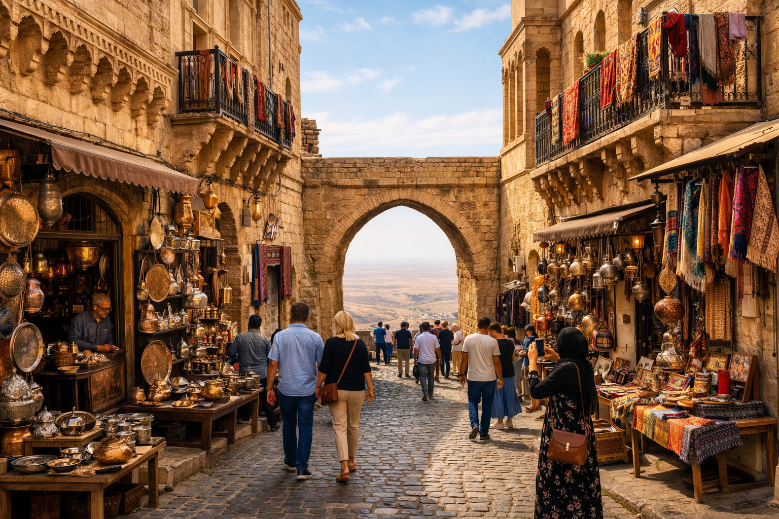 Detailed landscape format (1536x1024) editorial photograph of a bustling Mardin old town street scene showing traditional limestone building