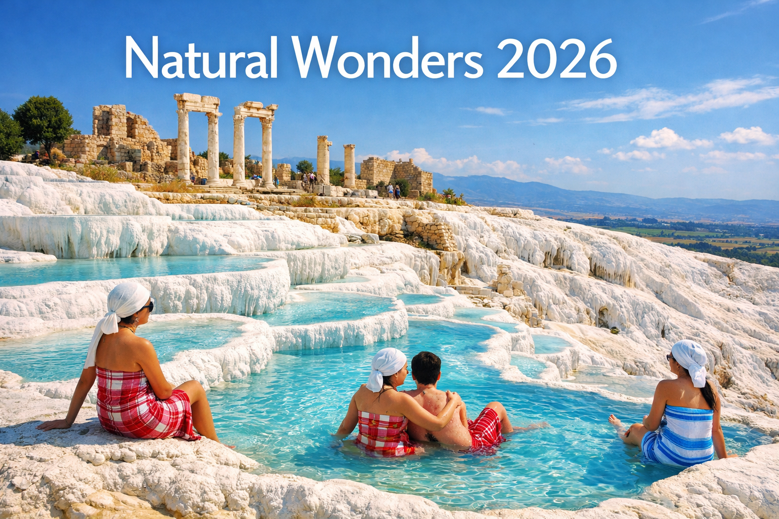Landscape format (1536x1024) stunning coastal scene of Pamukkale's brilliant white calcium travertine terraces cascading down hillside with 