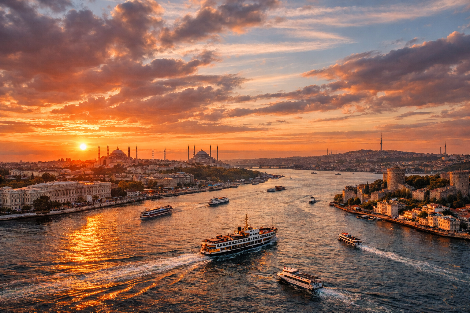 Landscape format (1536x1024) stunning photograph of Bosphorus strait at sunset taken from Galata Tower viewpoint, showing the waterway divid