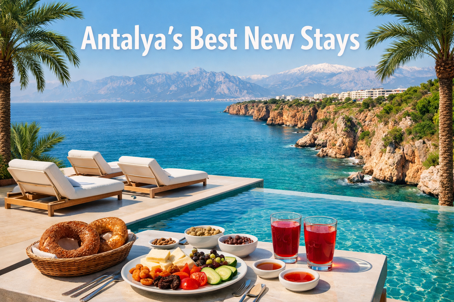 Detailed landscape format (1536x1024) editorial image showing a stunning Antalya Mediterranean coastline view from a new luxury resort terra