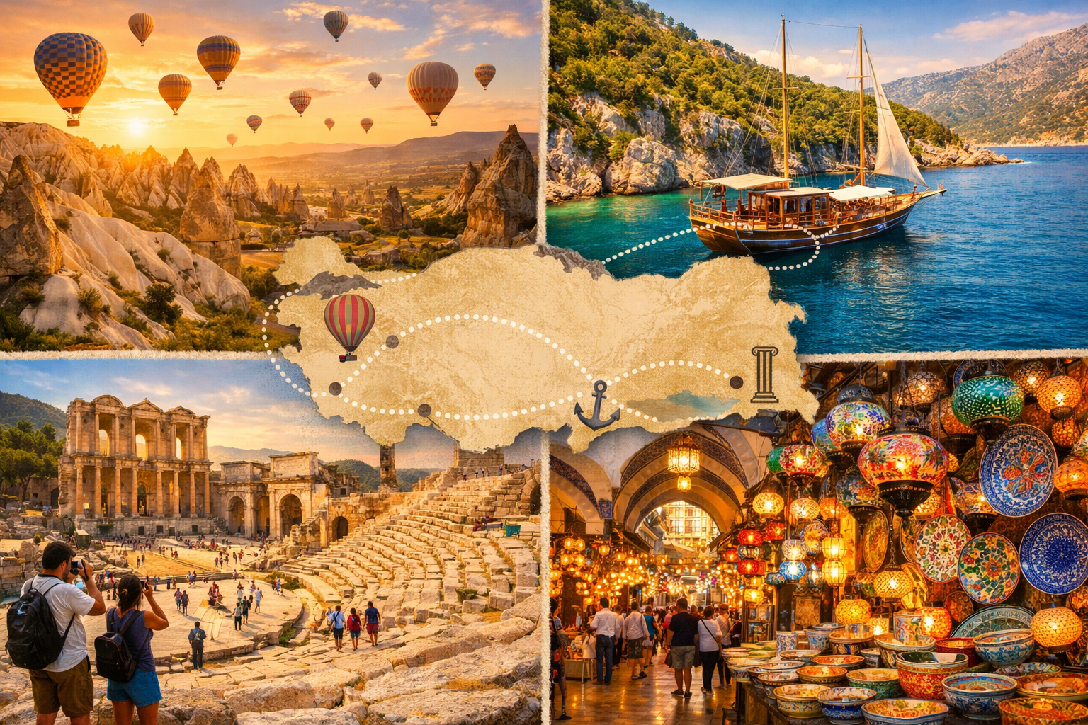 Detailed landscape format (1536x1024) editorial travel photography showing an ideal American traveler itinerary montage across Turkey: hot a