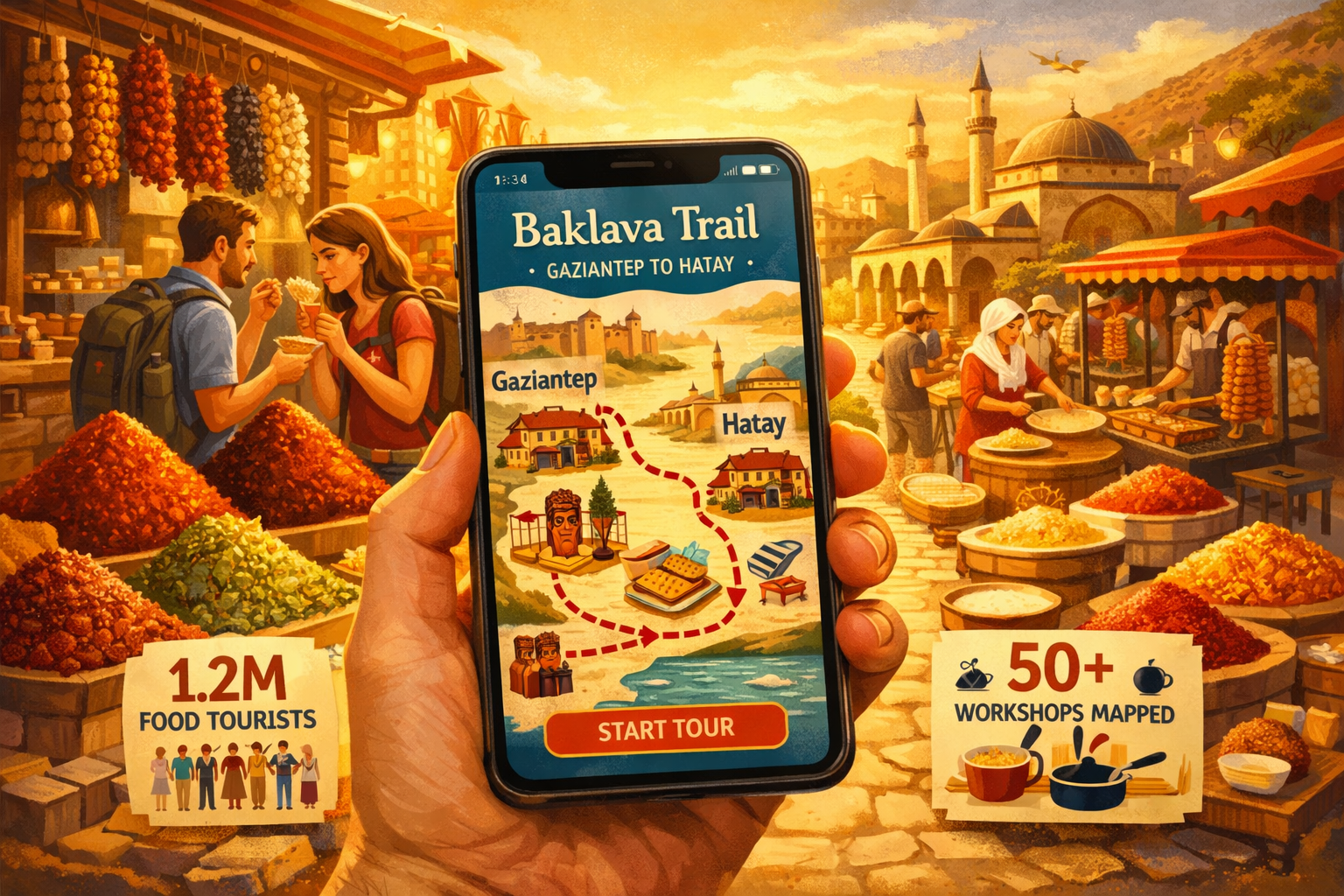 Detailed landscape format (1536x1024) editorial illustration of a foodie trail map concept showing a stylized illustrated route connecting G
