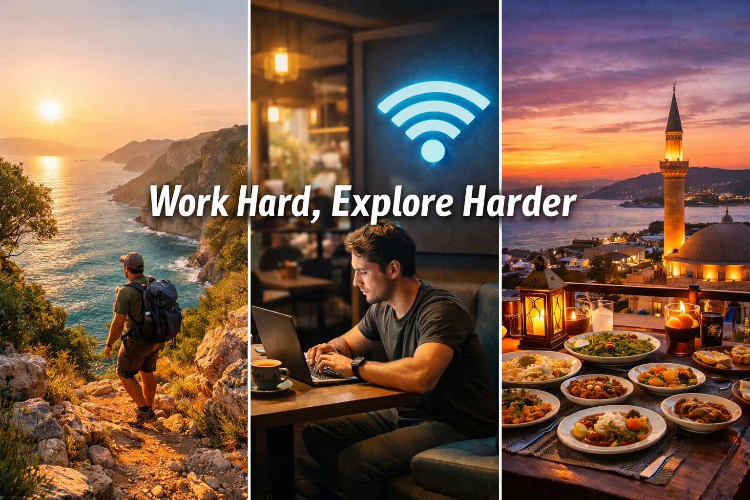 Detailed landscape format (1536x1024) editorial lifestyle image of a digital nomad's perfect bleisure day in Turkey: morning scene with pers