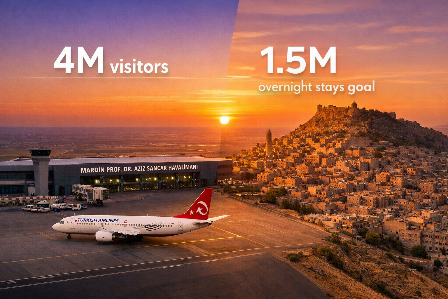 Detailed landscape format (1536x1024) aerial or elevated editorial photograph showing Mardin Prof Dr Aziz Sancar Airport terminal with a Tur