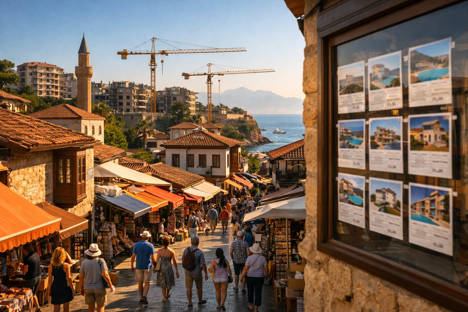 Landscape format (1536x1024) editorial photograph showing a bustling Turkish coastal town undergoing transformation with construction cranes