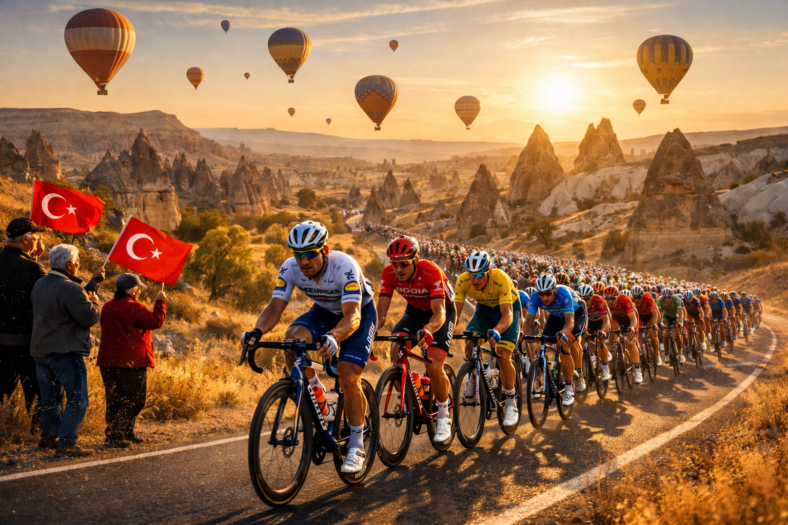 Detailed () editorial photograph of the Presidential Cycling Tour of Turkey peloton racing through the dramatic fairy