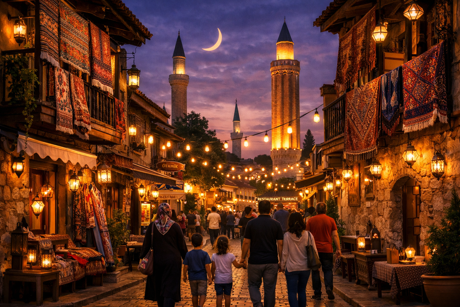 Detailed () editorial photograph of a bustling Antalya old town (Kalei&ccedil;i) street scene during Ramadan evening, with warm