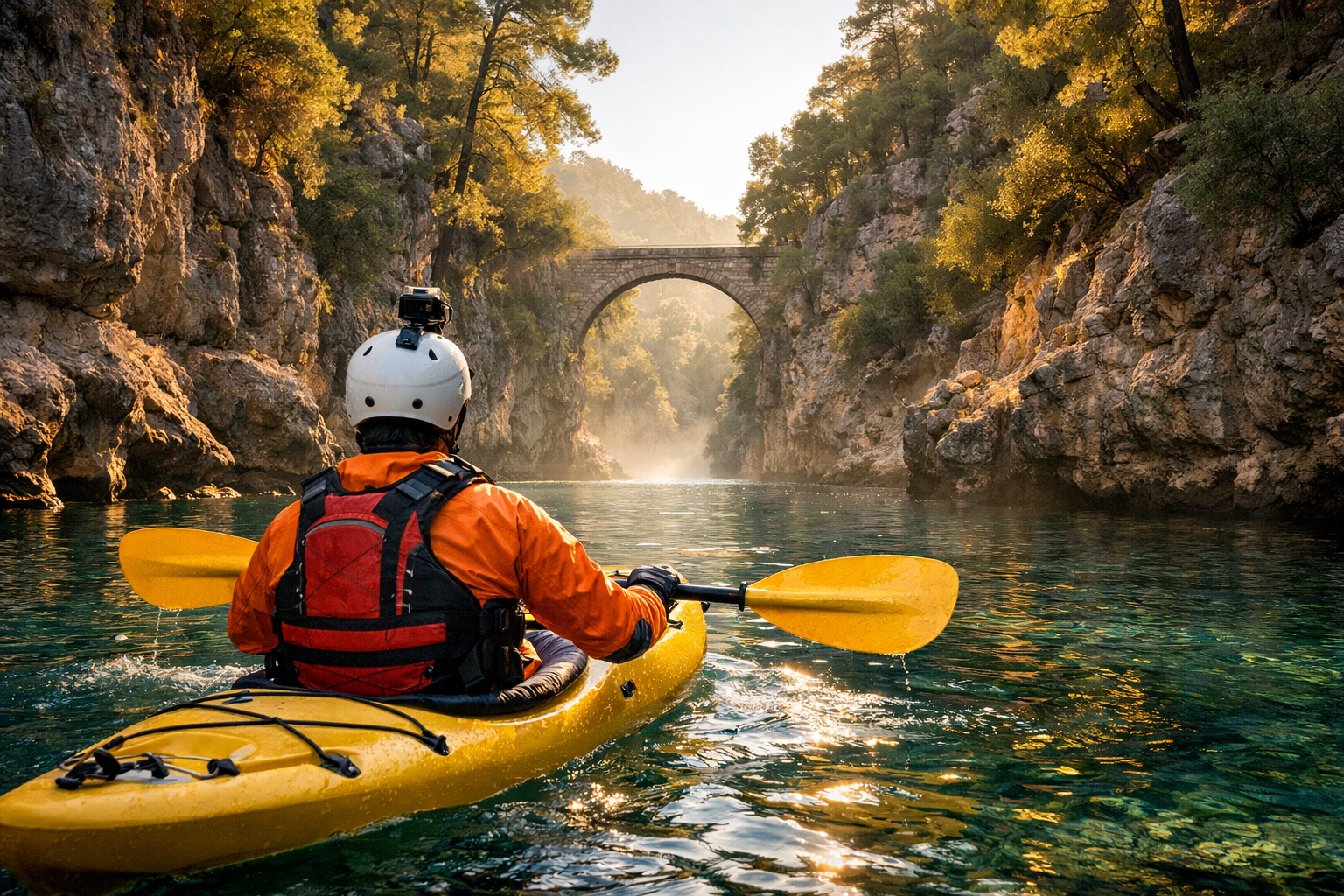 () editorial photograph of a solo kayaker in a bright yellow kayak navigating the crystal-clear turquoise waters of Koprulu