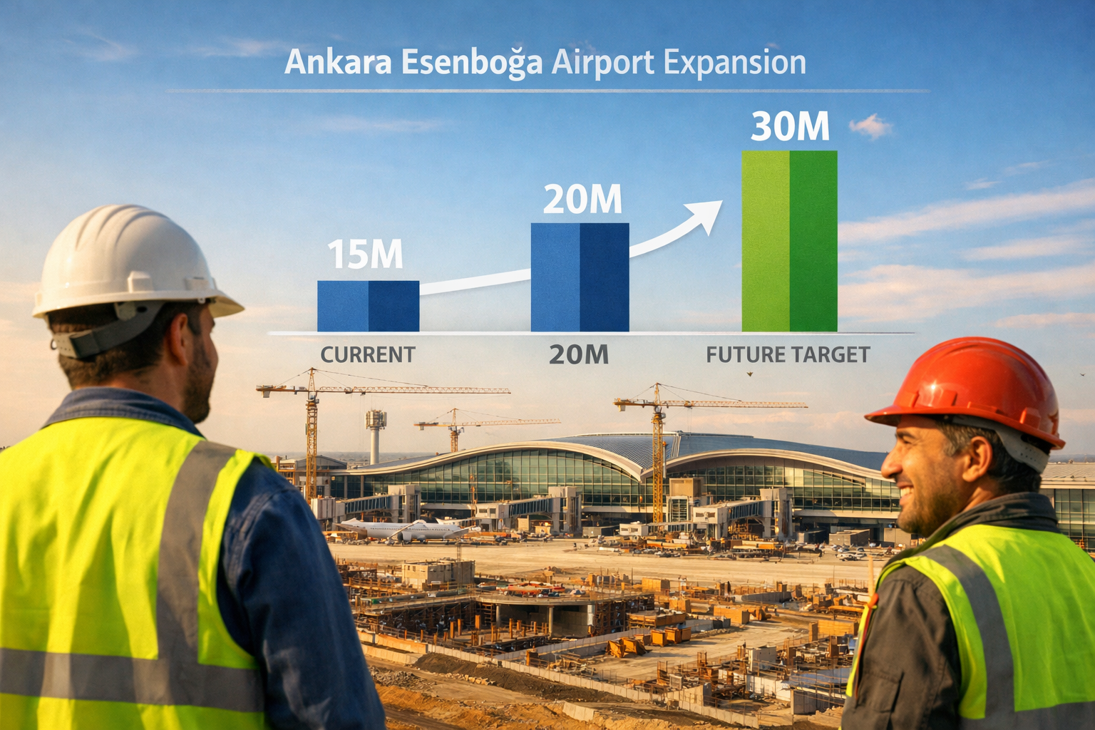 () editorial photograph of Ankara Esenboğa Airport expansion construction site with cranes and modern terminal building