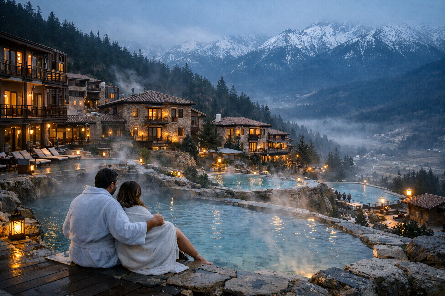 Landscape format (1536x1024) editorial photograph showing an emerging Turkish thermal spa town with steaming natural hot springs pools surro
