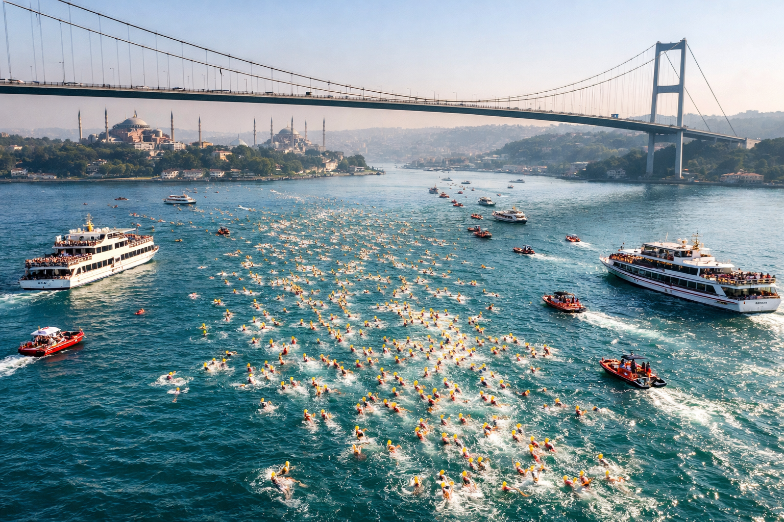 Detailed () aerial photograph of the Bosphorus Cross-Continental Swimming Race showing hundreds of swimmers in bright swim