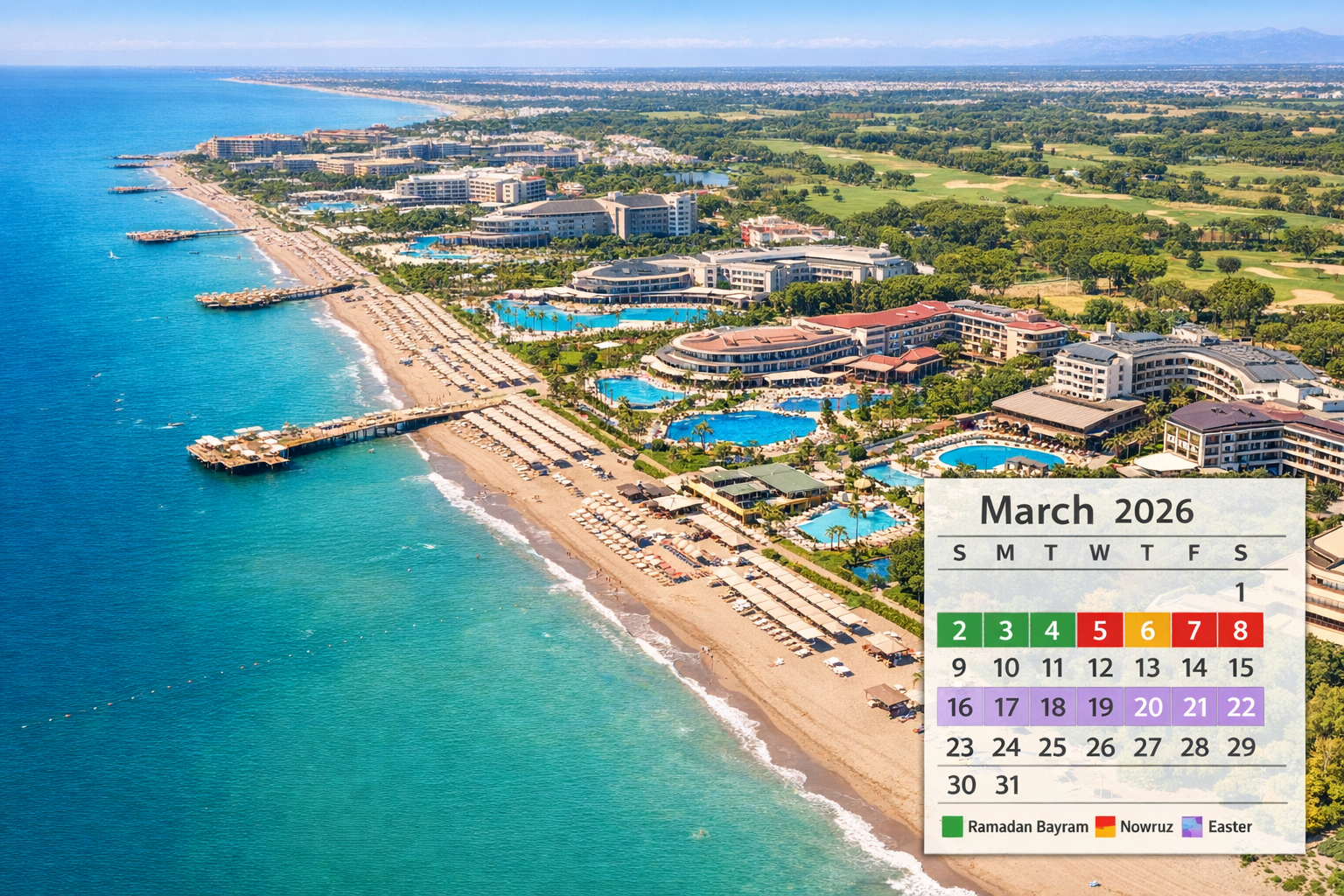 Detailed () aerial overhead view of Antalya's Belek resort district showing large all-inclusive hotel pools and manicured