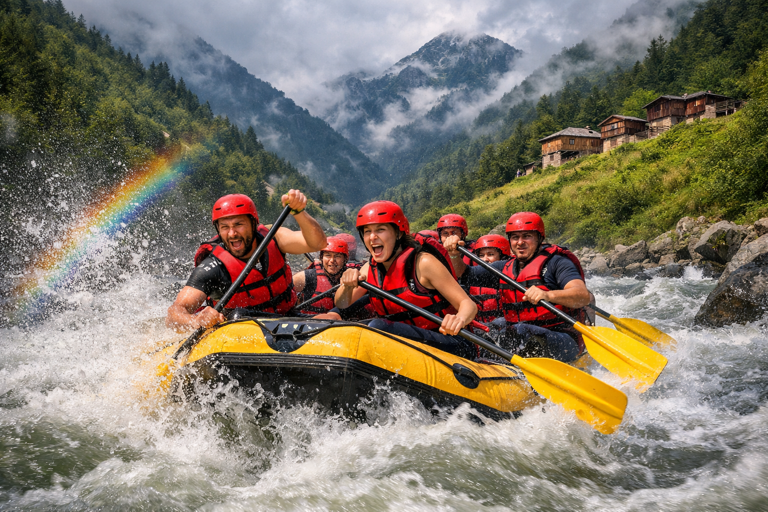 () dynamic action shot of a group of rafters in red helmets and life vests navigating white water rapids in Firtina Valley
